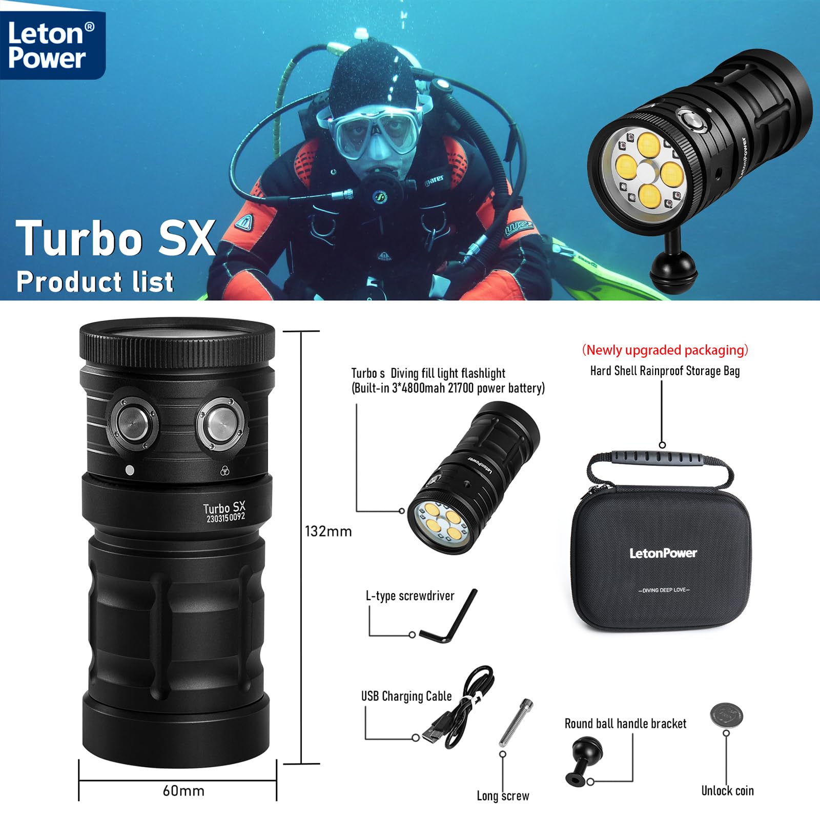 Turbo SX Unterwasser Videoleuchte 11000 Lumen - Tauchlampe 120° Weitwinkel, CRI 95, 5500K, USB-C aufladbar, wasserdicht bis 100m für Unterwasserfotografie & -videografie