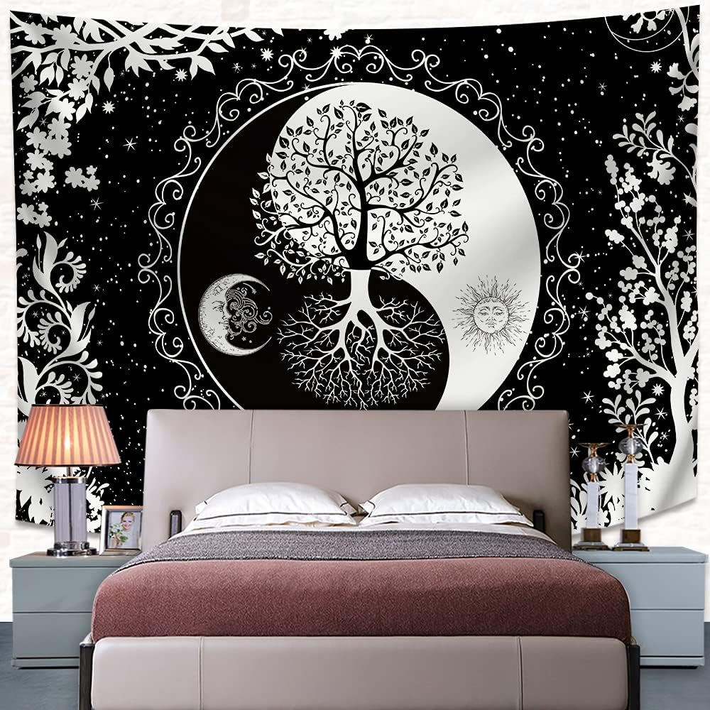 UHOMETAP Sun and Moon Wall Hanging Tapestry Yin Yang Art Tree of Life Bohemian Hippie Black White Wall Decor Blanket for Living Room Bedroom Dorm 93x71 Inches GTQQUH1003
