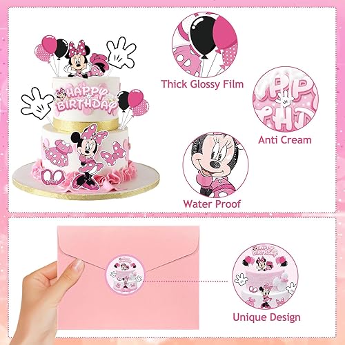 Miniatura 3 de EnlSinr 9 piezas de decoración de pastel de Minnie rosa para niñas, lazo rosa y guantes blancos, decoración de cumpleaños de ratón, decoración de