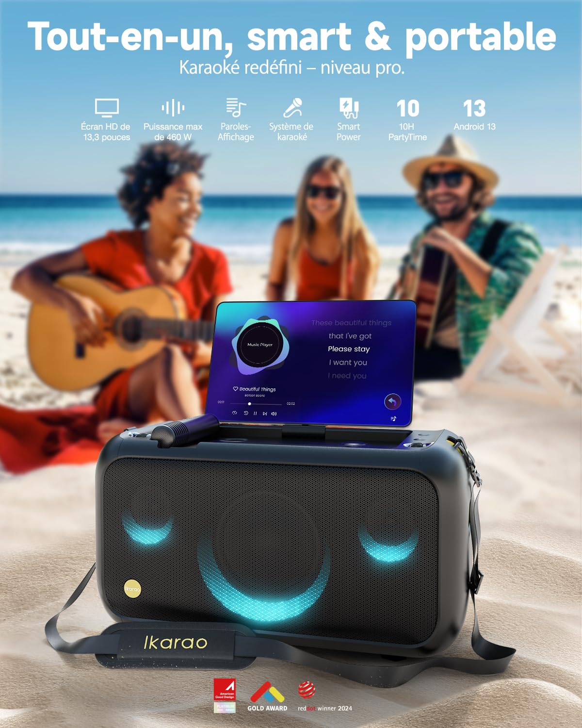Ikarao Break X1 Machine de Karaoké avec Écran Tactile 13,3", Enceinte Bluetooth 800W, 2 Micros sans Fil et Éclairage LED – Idéal pour Anniversaires, Soirées et Événements Polyvalents