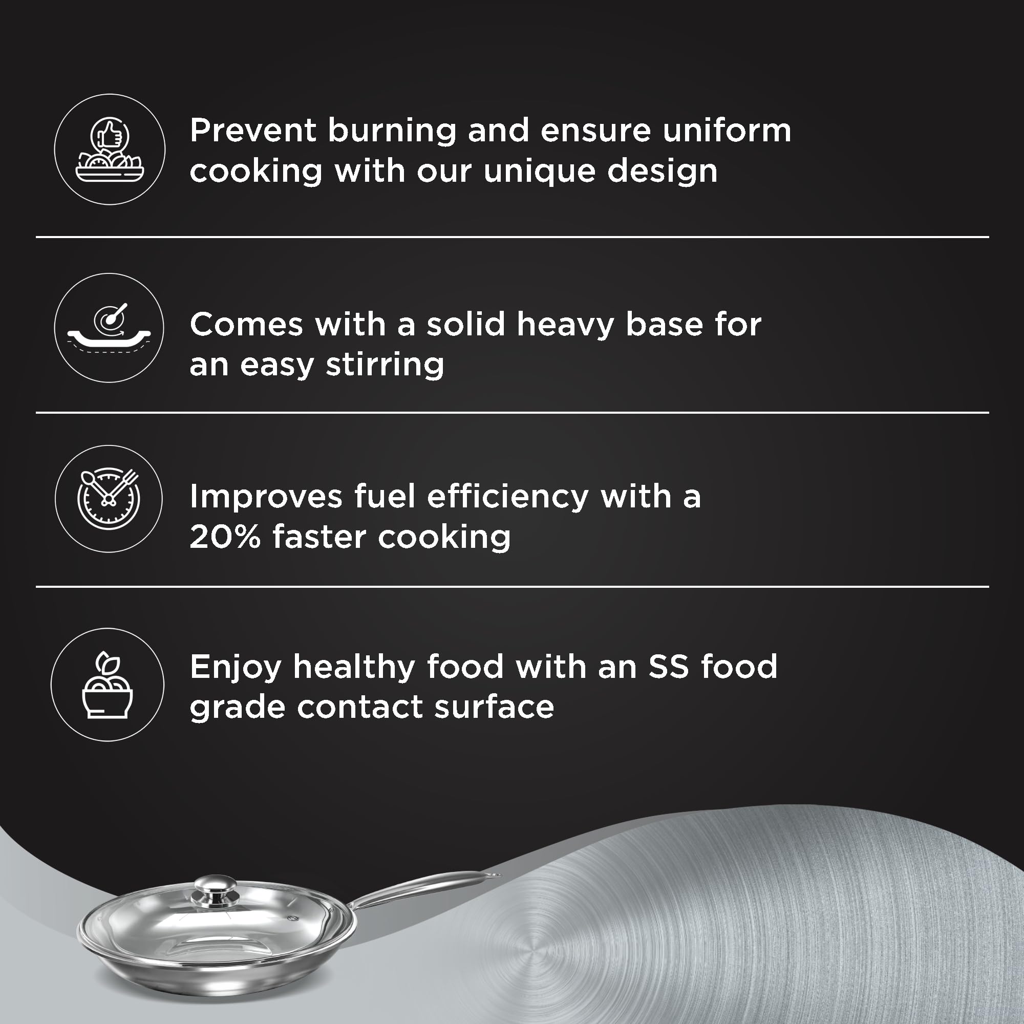 Preethi Metallica Collection Triply Stainless Steel Frypan with Glass Lid, 26 cm, Gas & Induction Compatible, Metal Spatula Friendly 1