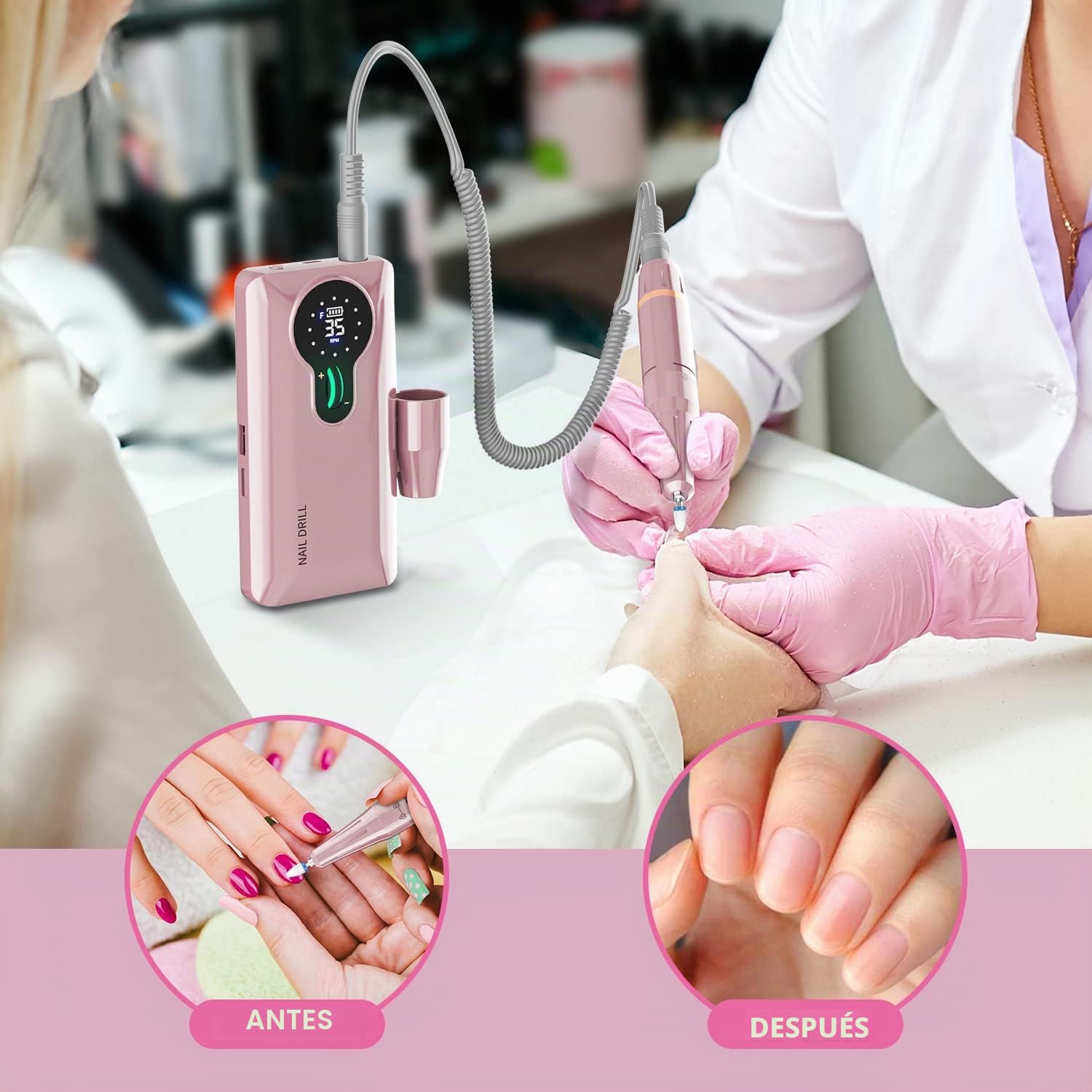 Torno para Uñas Profesional 35000 RPM, Autonomía 20H Lima Eléctrica Inalámbrica para Uñas de Gel y Acrílico, Kit con 13 Brocas y 56 Bandas de Lija, Pantalla LCD, Rosa (S506)
