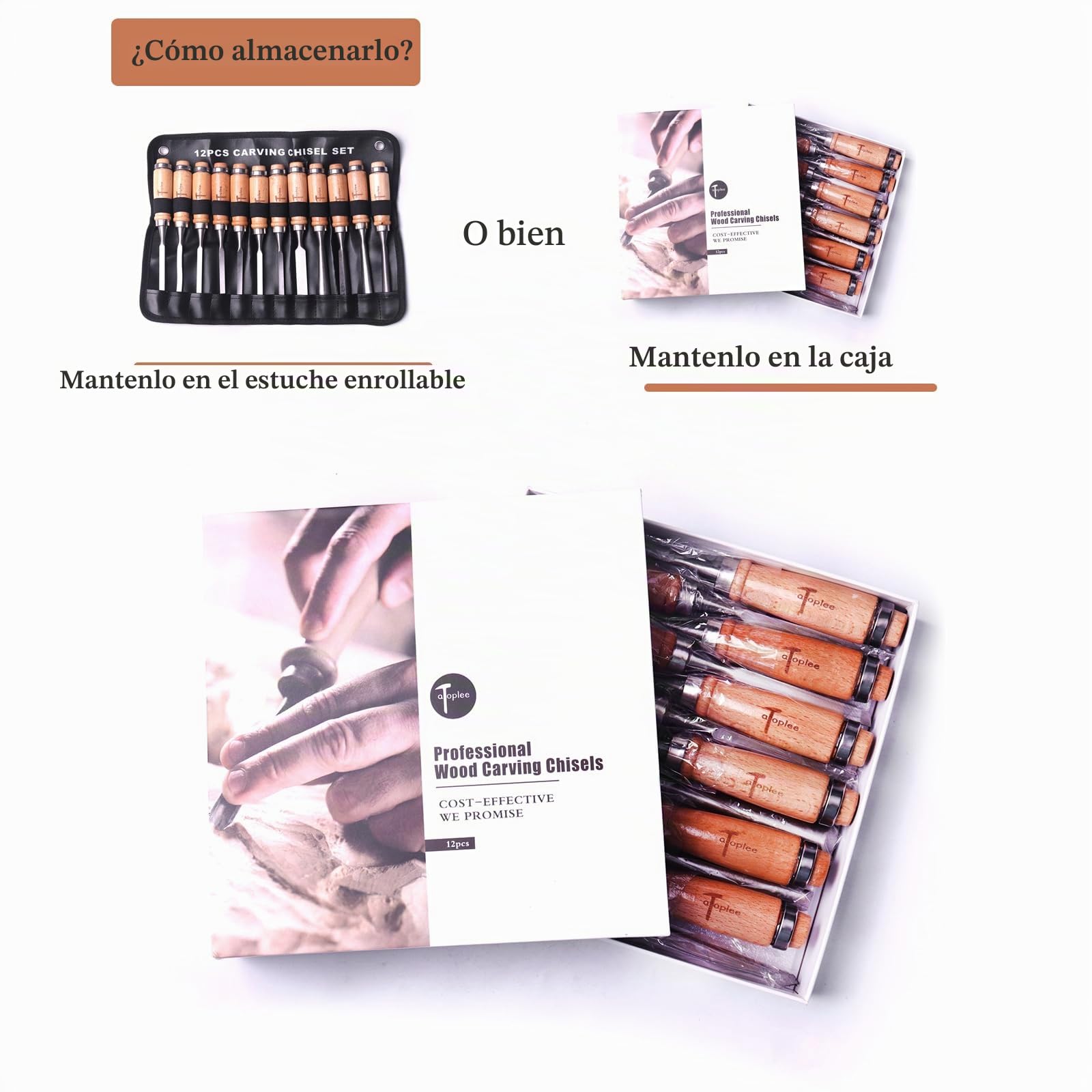 ATOPLEE Juego de 12 cinceles de tallado de madera para carpintería, herramientas profesionales de gubia de madera con caja y bolsas enrollables para carpintero, regalo para artesanos en la mayoría de