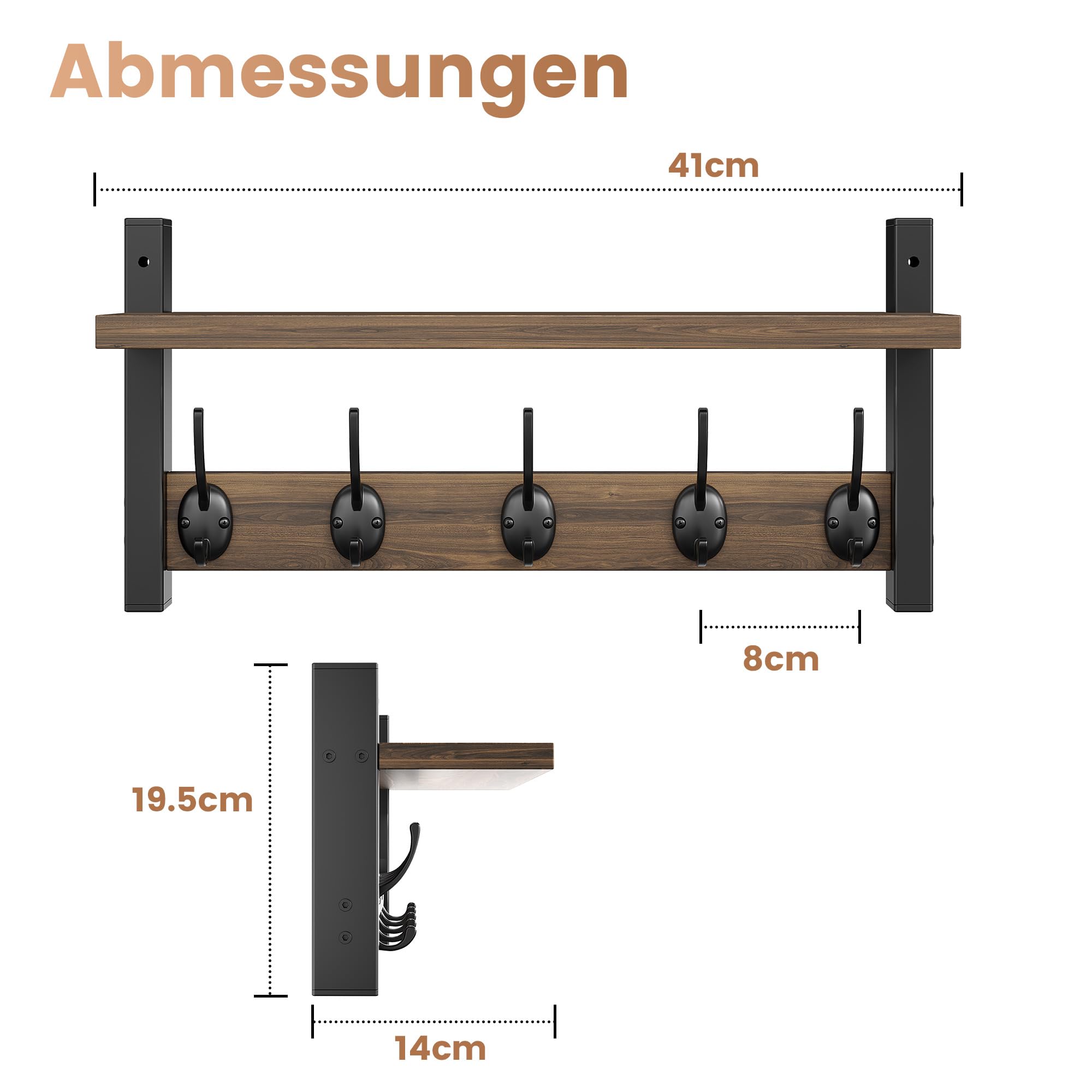 VITVITI Appendiabiti da Parete, Appendiabiti in Legno con 5 Ganci in Metallo, 40cm Mensola per camera da letto, Bagno, Soggiorno