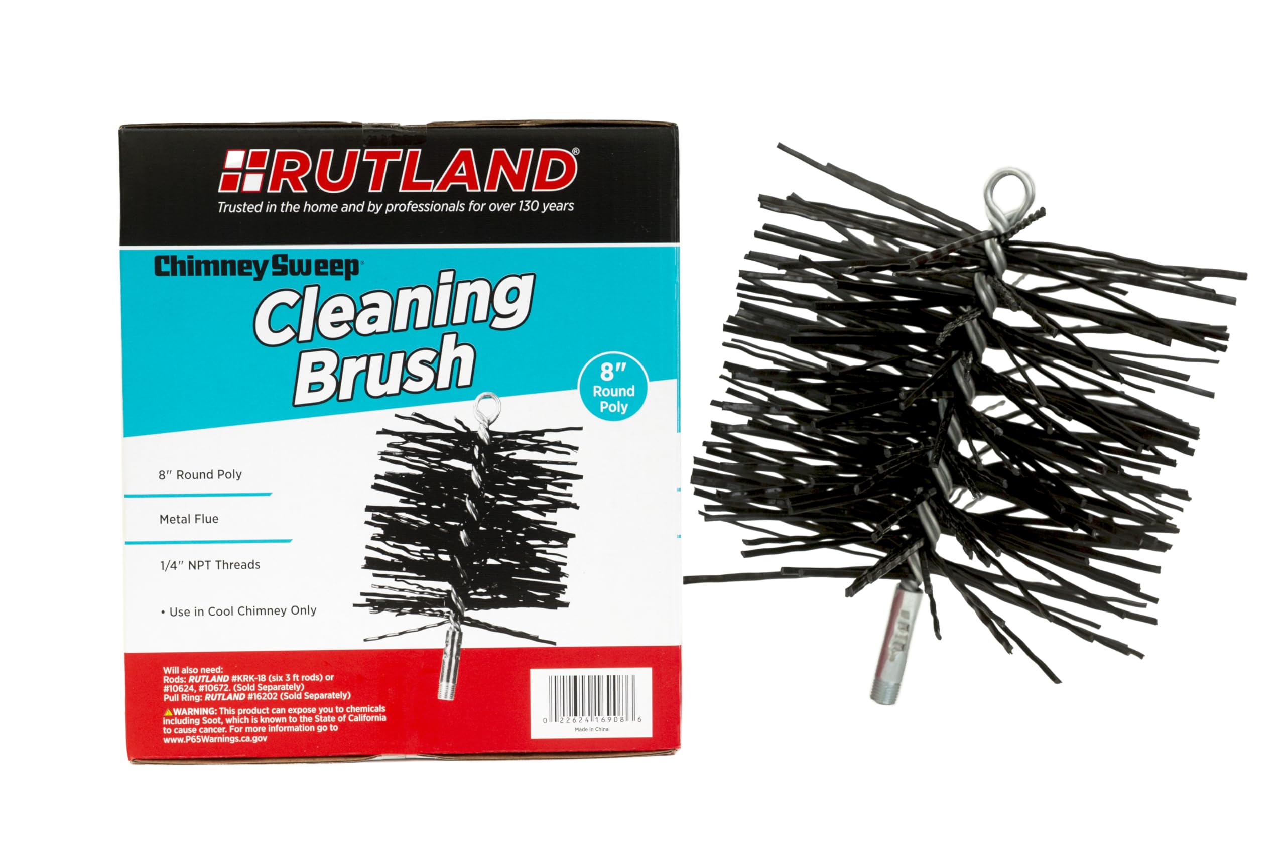 RUTLAND PRODUCTS 8" Round Polypropylene Chimney Brush, 1/4" NPT (1 Piece), Metal & Poly, Black, 21.12 x 21.27 x 24.45 cm