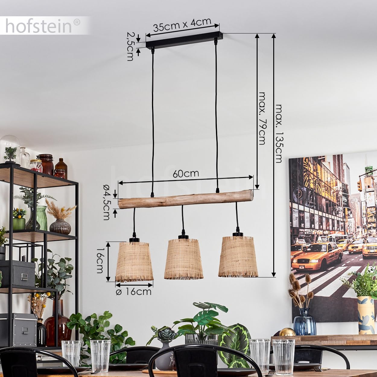Suspension Soungou, lampe à suspendre moderne en bois/métal/marbre en naturel/noir/beige, lampe à suspendre à 3 flammes au design scandinave, hauteur max. 135 cm, 3 x E27, sans ampoules