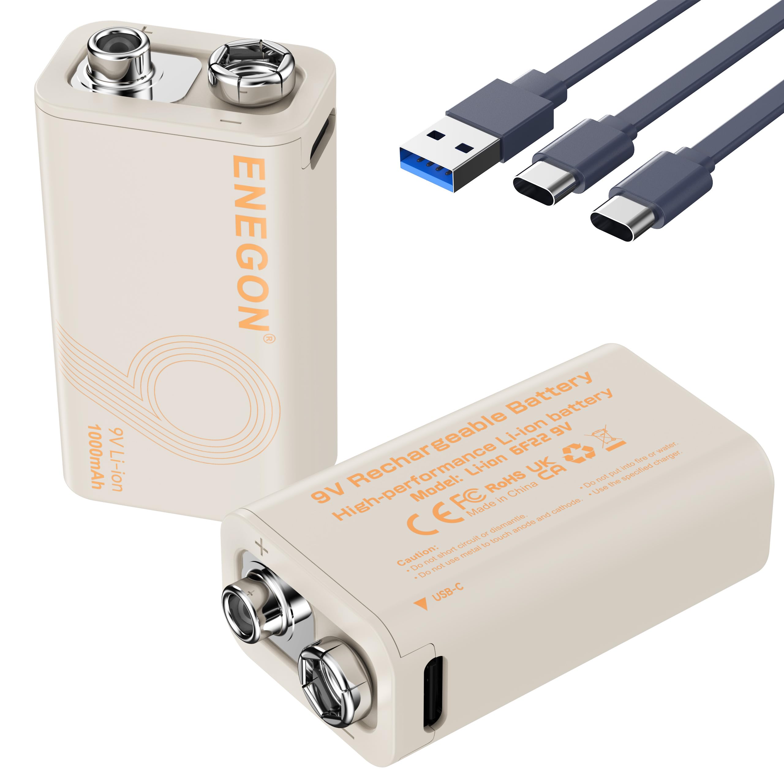ENEGON Oplaadbare 9V Lithium Batterijen 4 Stuks - 1000mAh Met Type-C Opladen