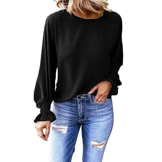 Dokotoo Womens Ladies Bell Long Sleeve Spring Summer Tops Crewneck Chiffon Business Work Solid Ruffle Tops and Blouses for Women Casual Loose Shirts Red Large