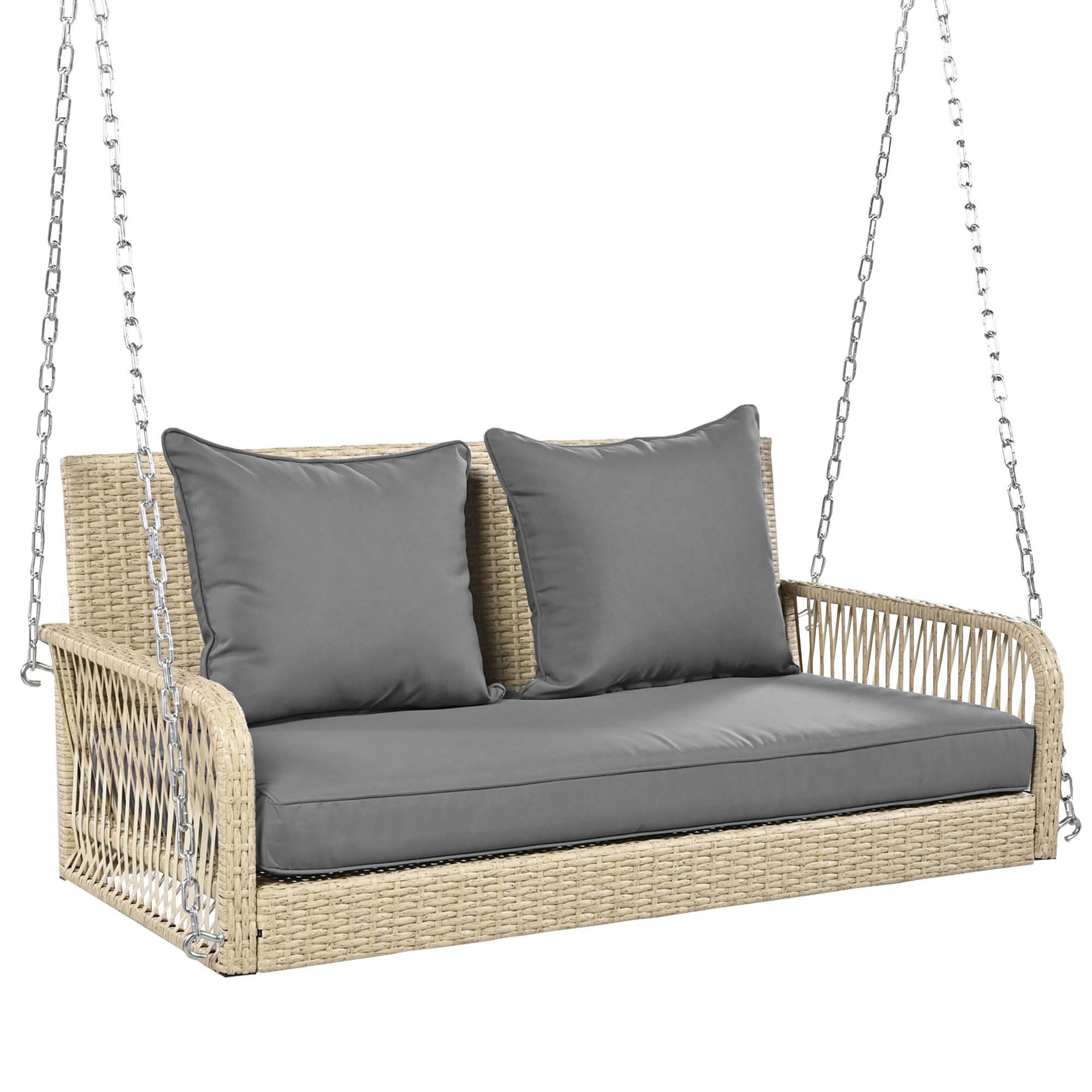 BTM Balancelle de Jardin 2 Places avec Coussins Gris Amovibles, Balançoire Suspendue de Jardin en Rotin, Balançoire Hollywoodienne avec 2 Chaînes en Métal, Chaise hamac Suspendue, Beige