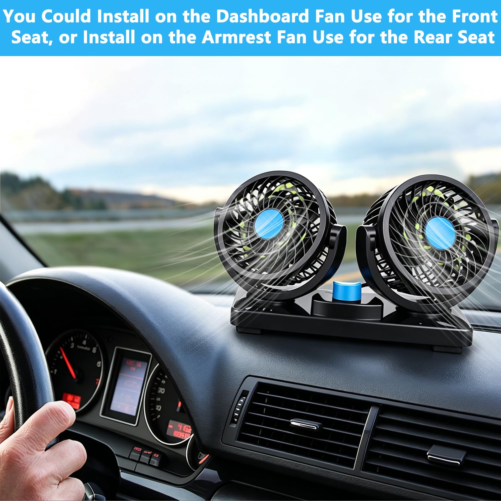 Ventiladores para Coche, Car Fans de Cabeza Doble 12V, 2 Velocidades, Rotación 360°, Ventilador Eléctrico 4" Silencioso para Camiones, Barcos, SUV, RV - Enfriamiento para el Verano