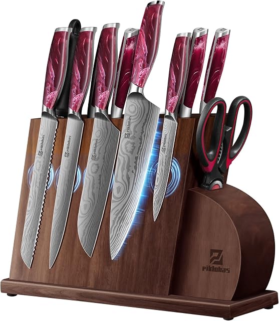 Piklohas Knife Sets For Kitchen With Block, 14 Pieces Kitchen Knife Set With Magnetic Knife Holder, German High Carbon Stainless Steel Damascus Pattern Chef Knife Set With Sharpener, Steak Knives, Red