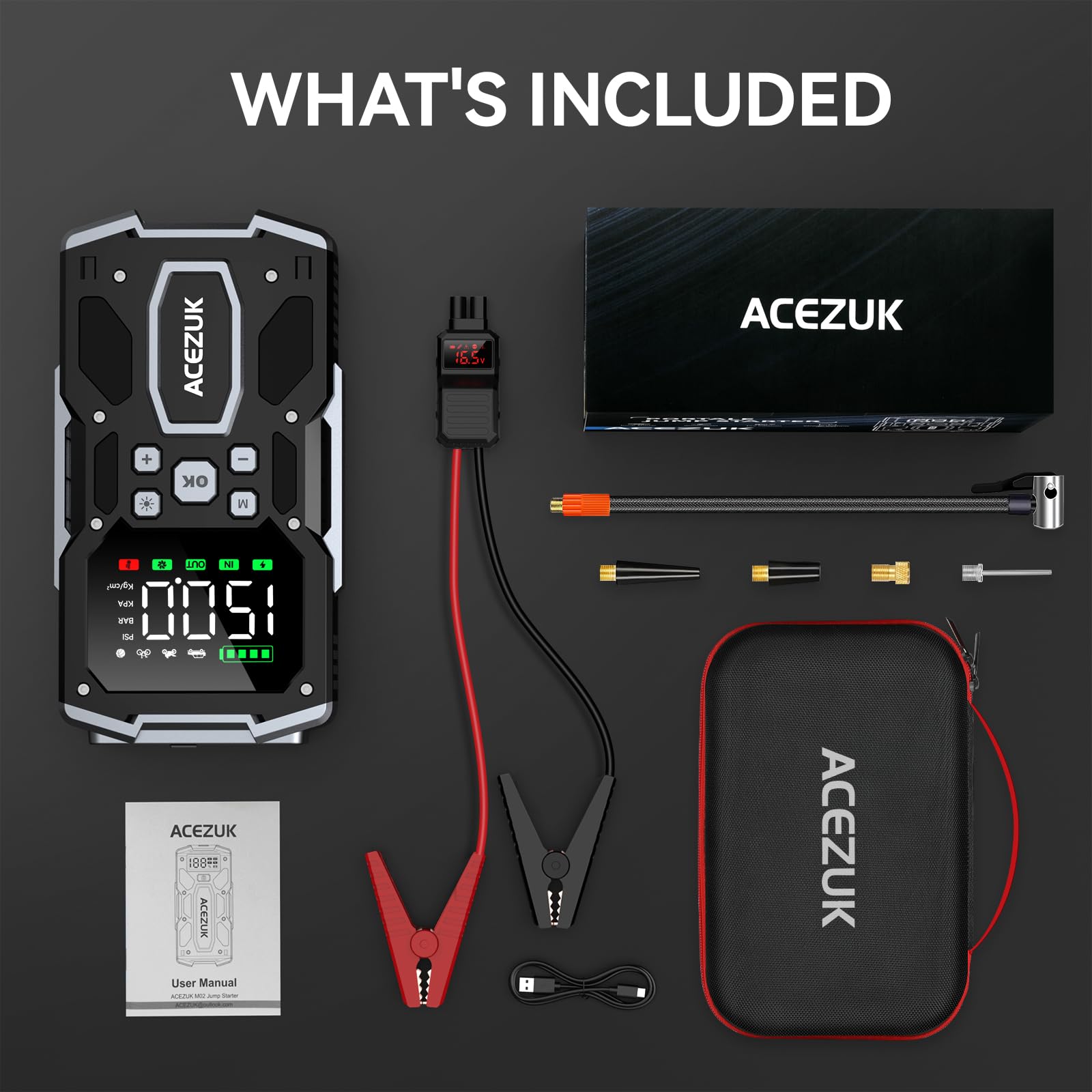 ACEZUK Starthilfe Powerbank mit 26800mAh 7000A Spitzenleistung,150PSI Kompressor, 4-in-1 Powerbank als Auto Starthilfe mit LCD Bildschirm, Tragbare Starter Powerbank mit LED Taschenlampe
