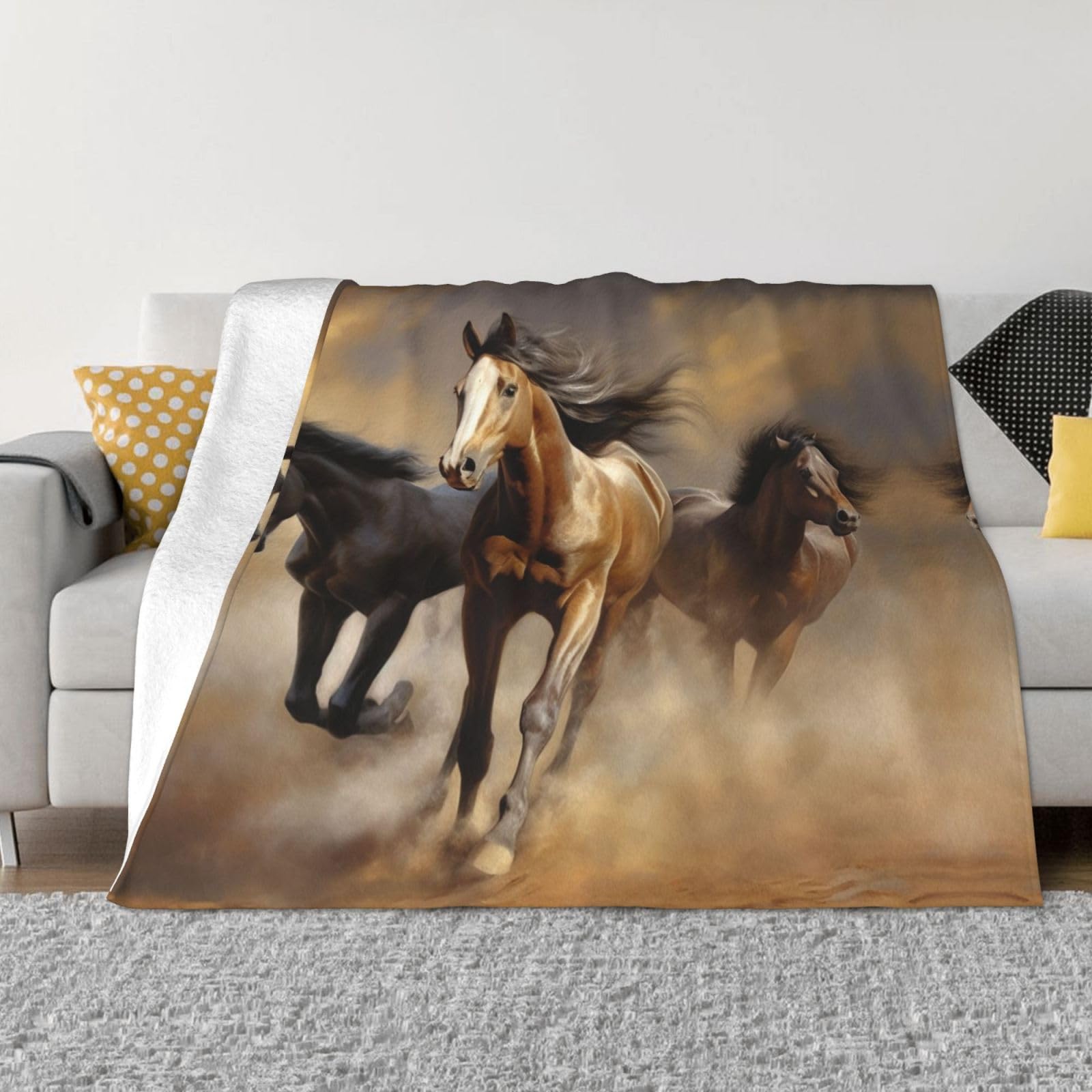 Plaid lit et canapé chevaux en microfibre - Couverture polaire douce 203x152