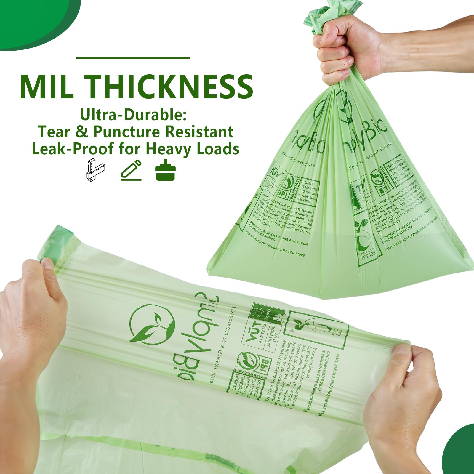 Bolsas de basura compostables de 3 galones con cordón, resistentes, extragruesas de 1 mil, 11.35 litros, 50 bolsas, pequeñas bolsas de residuos de comida de cocina, ASTM D6400, certificación US BPI y