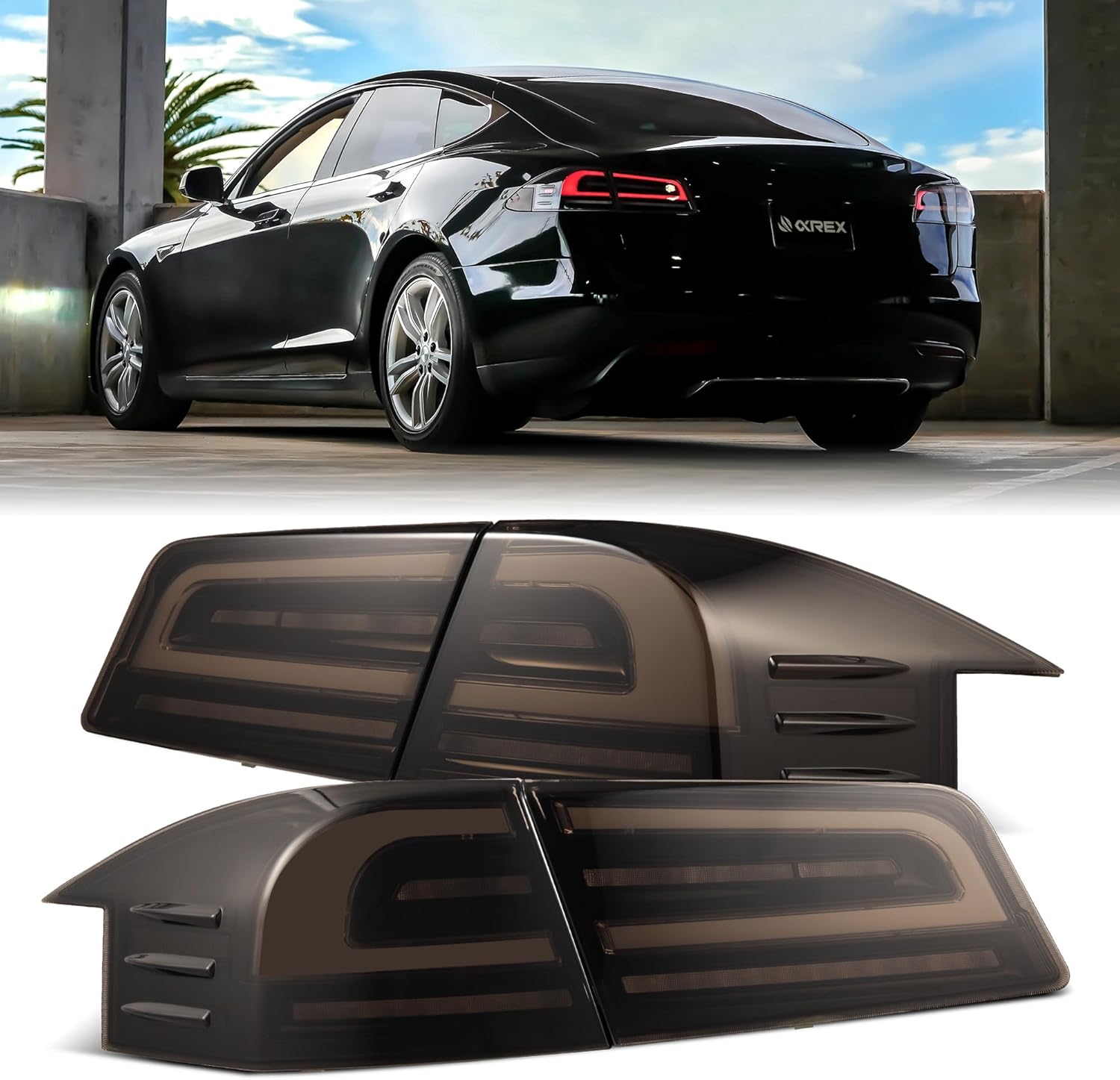 AlphaRex LUXX-Series LED Tail Lights fits for 12-21 Tesla Model S Alpha-Black (With Black Trunk Center Piece Replacement)