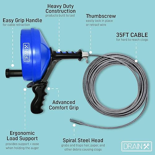 Miniatura 3 de DrainX Barrena de tambor con empuñadura de pistola, serpiente de drenaje de 35 pies de diámetro de 14 de pulgada de diámetro, limpia fregaderos,