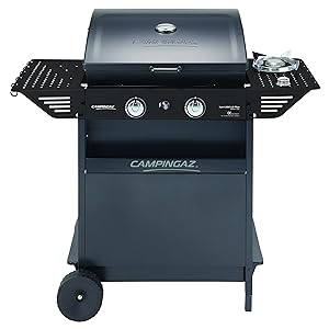 Campingaz Xpert 200 LS Plus Rocky Gas BBQ in Lava Stone, BBQ Cart with 2 Burners and 1 Lat Burner, Cover + Thermometer, Folding Side Shelf, Pot. 8, 200 kW + 2.1 kW Lat Burner