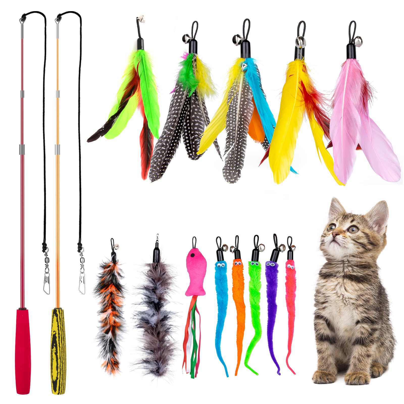 MEYDLL 15 Piezas Juguetes para Gatos, Juguetes Gato con Plumas, 2 Varitas de Teaser De Gato RetráCtiles, 1 Pescado Rosado, 2 Juguetes De Felpa, 5 Plumas y 5 Gusanos, Juguetes de Gato para Cada gat