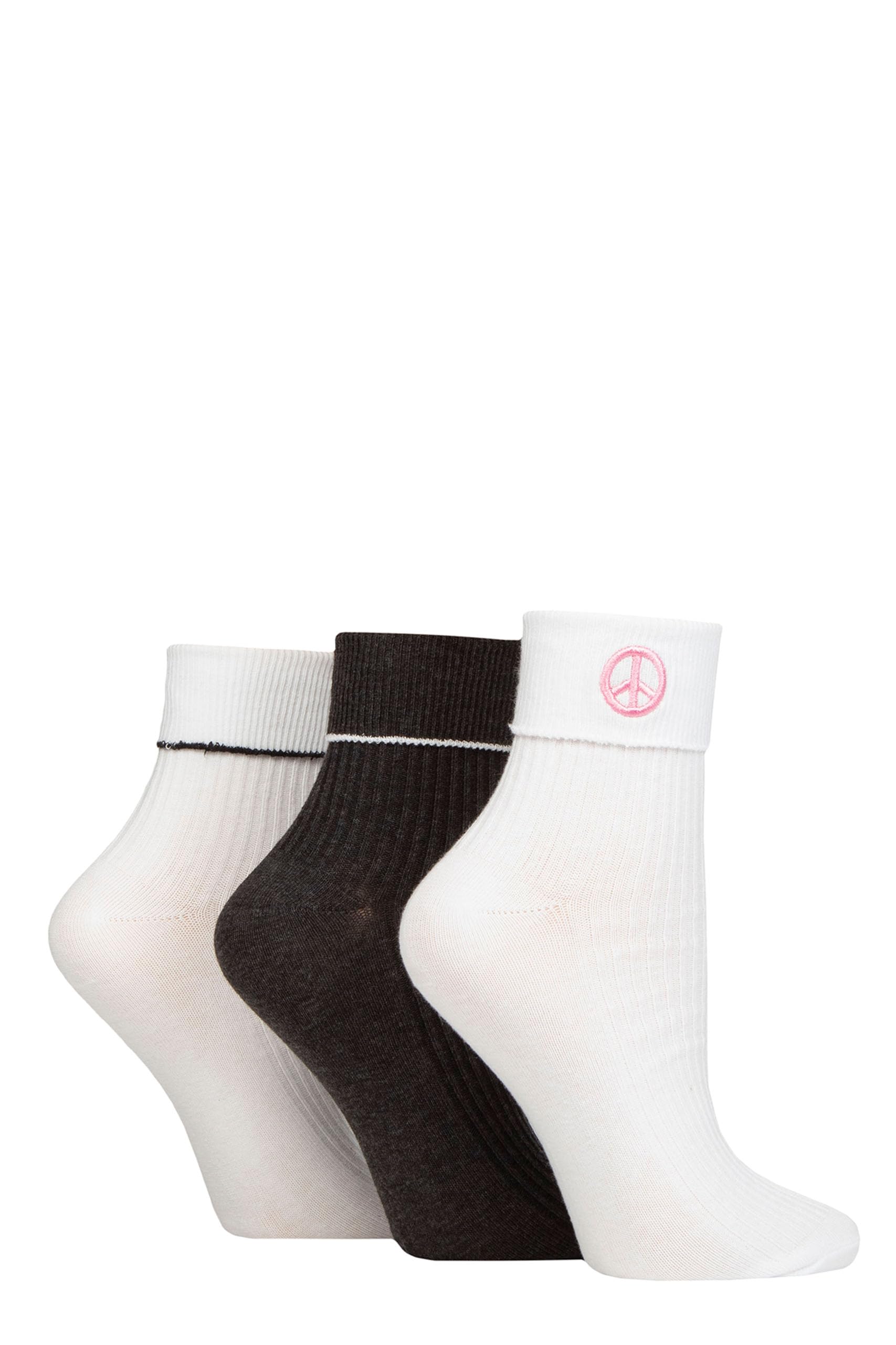 Sockshop Women's Peace Wildfeet Cotton Socks - Turn Over Top Ankle Socks With Embroidery In Multipack Of 3 Pairs Size 4-8 (4-8, )