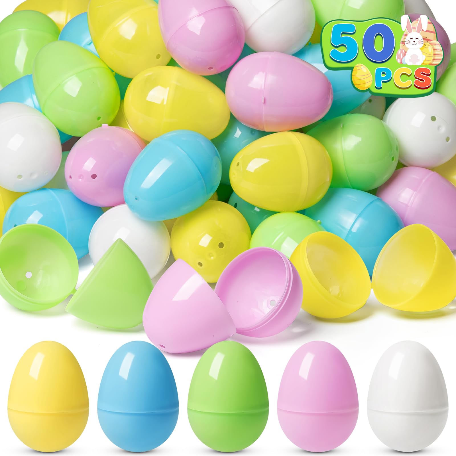Duchong50 PCS Plastic Easter Eggs Bulk Empty Fillable, 2.4" Assorted Pastel Colorful Easter Eggs for Easter Hunt, Filling Treats, Easter Basket Stuffers, Classroom Prize Supplies