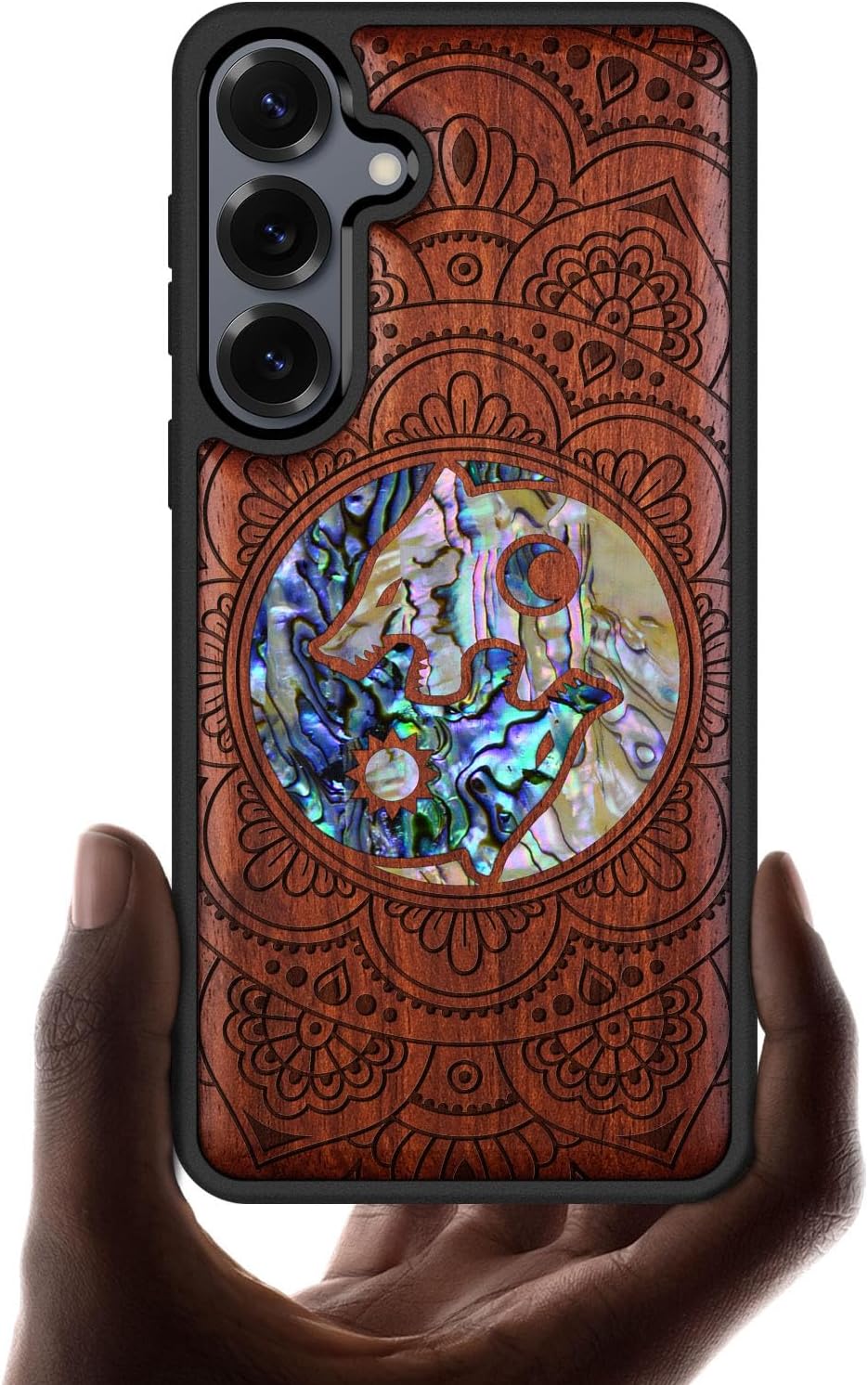 Carveit Magnetic Wooden Case for Galaxy S25+ / S25 Plus Case, Wood Artisan Engraved & Handmade Shell Inlaid, Compatible with MagSafe Wireless Chargers (Shell Yin Yang Wolf) Rosy