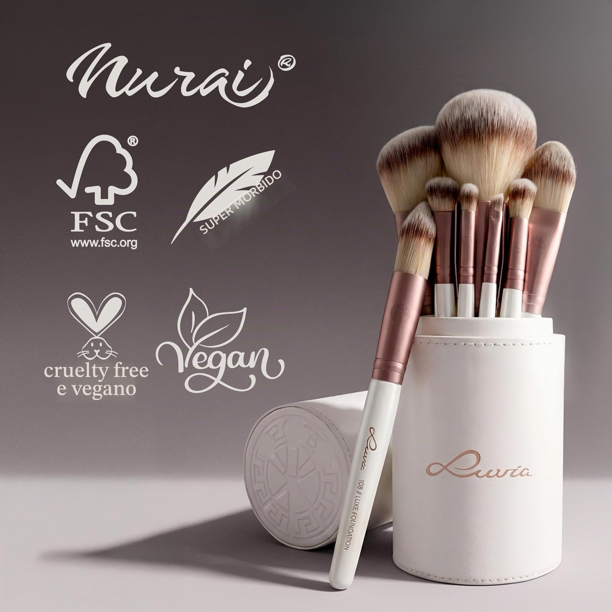 Set di pennelli Make-Up di Luvia, pennelli per il trucco con porta pennelli e sacchetto di raso per pennelli cosmetici, set di pennelli di bellezza Prime Vegan