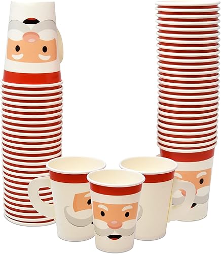 Gift Boutique 50 vasos de papel desechables de Navidad con asas, 9 onzas, cara de Papá Noel, bebida, taza de invierno, Navidad, festivo, fiesta,