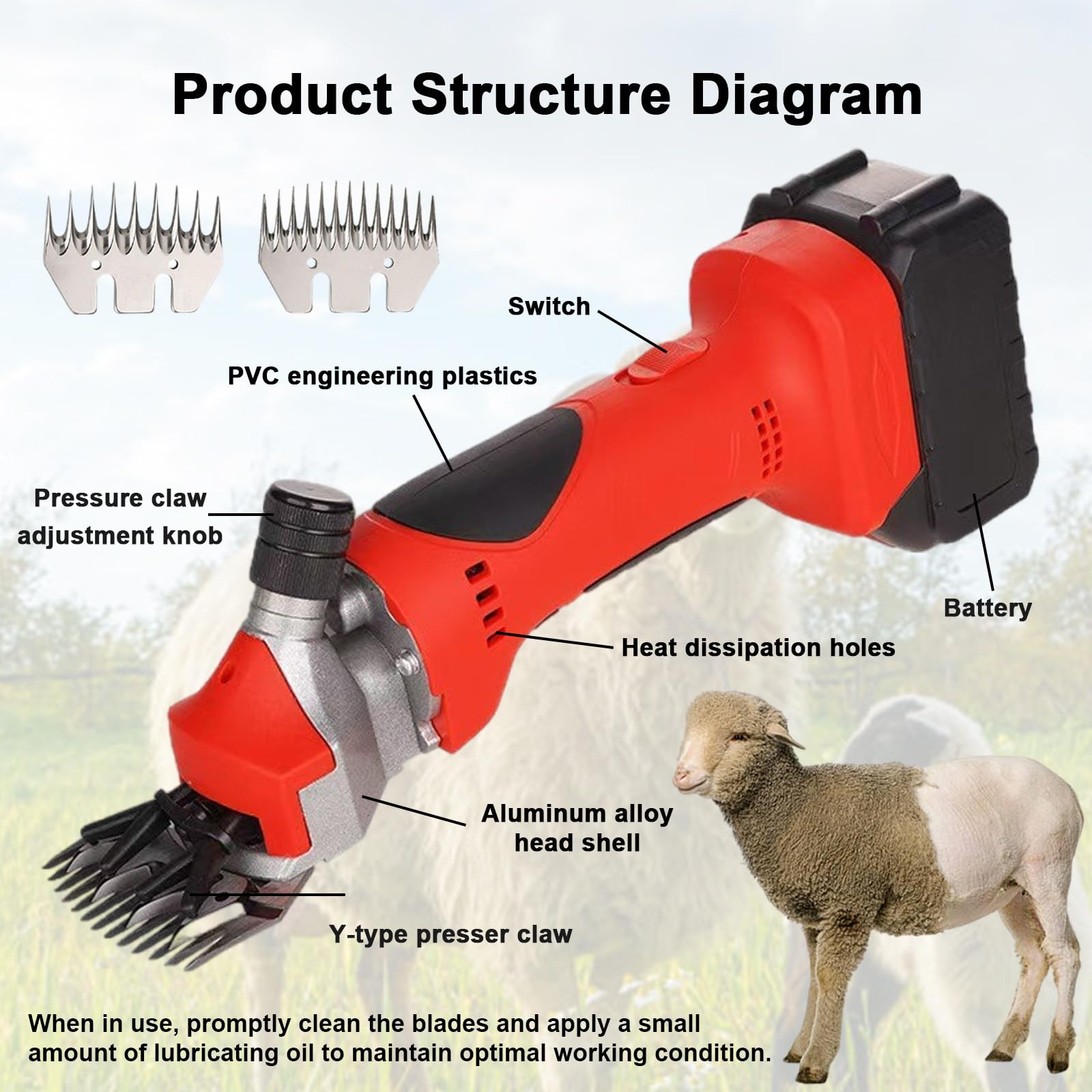 Tosatrice Elettrica per Pecore,Tosatrice Portatile Ricaricabile per Pecore,Capre,Bovini,Kit per La Toelettatura del Bestiame per Agricoltori E Allevatori,A 6 velocità Orange-2Batteries