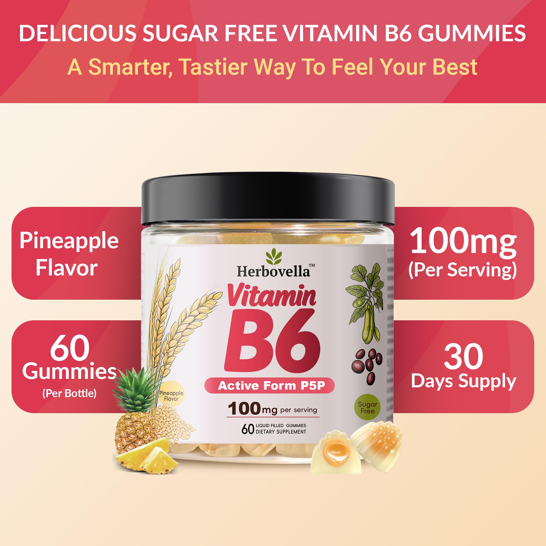 Vitamin B6 Gummies 100mg, Vitamin B6 Supplement P5P for Energy & Nervous System, Sugar Free, Vegan, 60 Liquid-Filled Gummies. — Amazon image 6