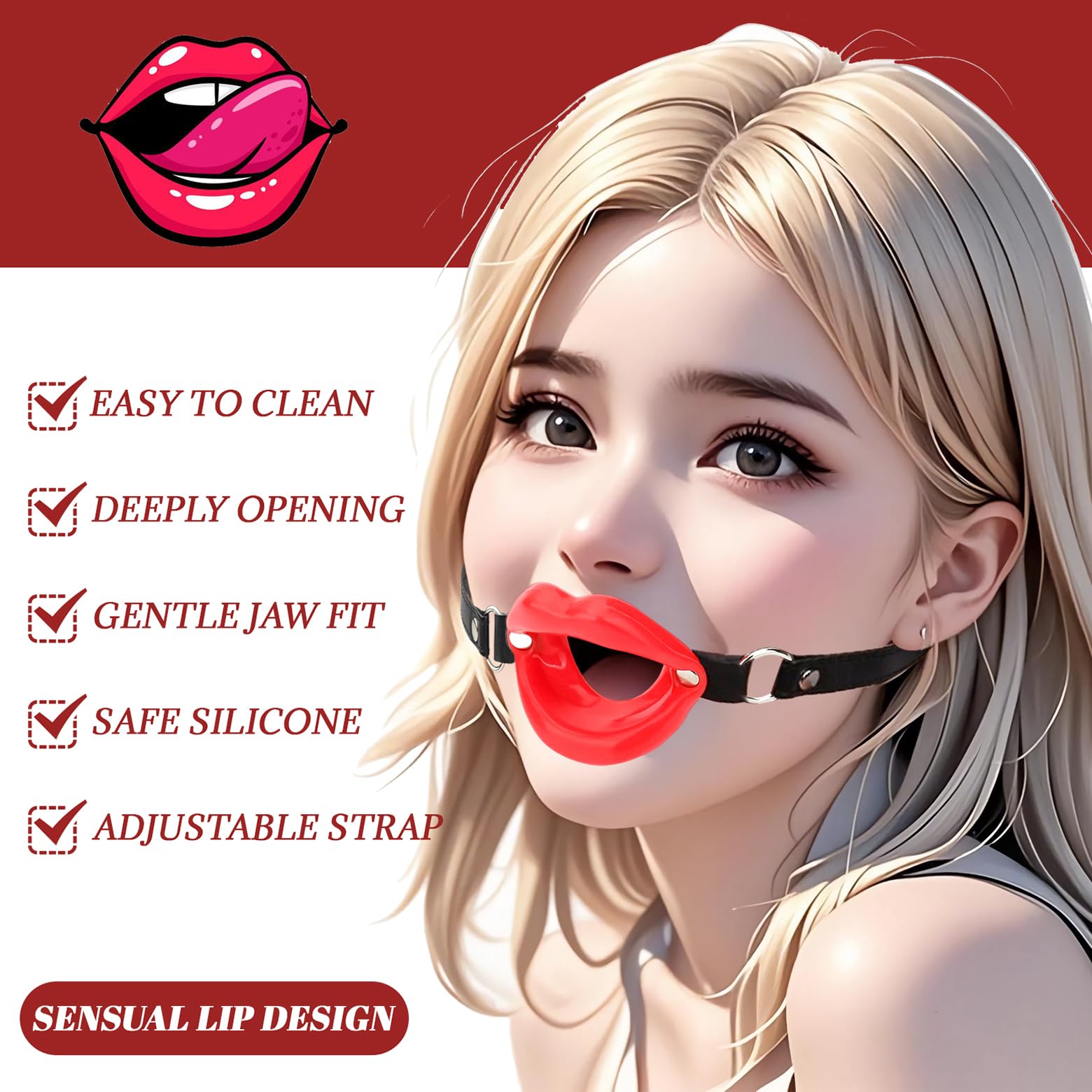 Sexy Silicone Lips Mouth Gag, 4cm PU Leather Ball Gag O-Ring for Couples BDSM Play, Slave Restraints SM Sex Toy Flirt for Men Women (): Red