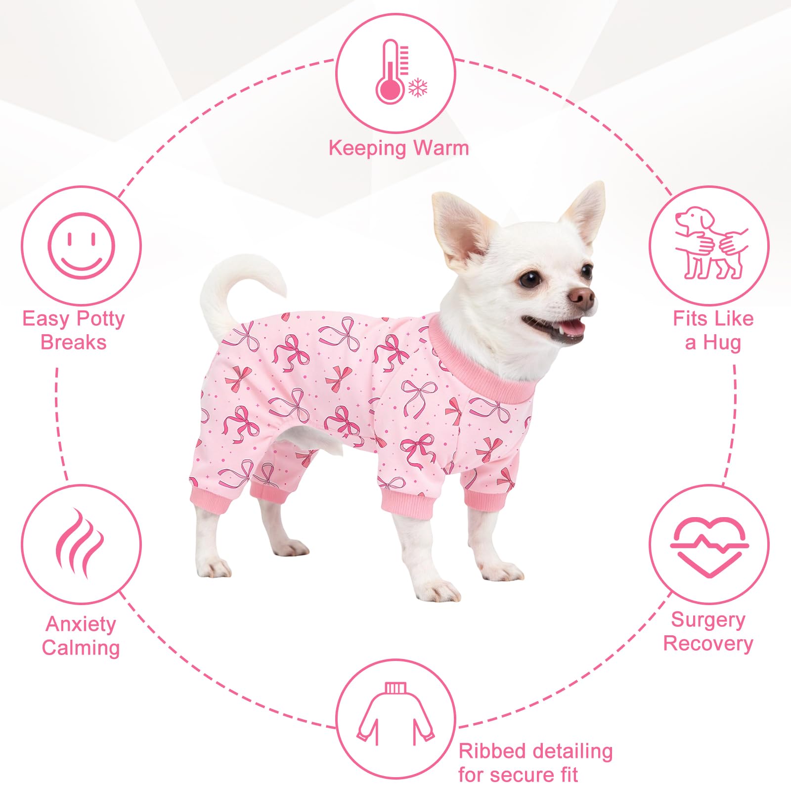 Dog Pajamas for Small Medium Dogs Recovery Suit Dog Pjs Dog Onesie Cute Soft Breathable Puppy Pajamas Pet Spring Summer Stretchy Pjs for Boy Girl - Pink Bows — view 4