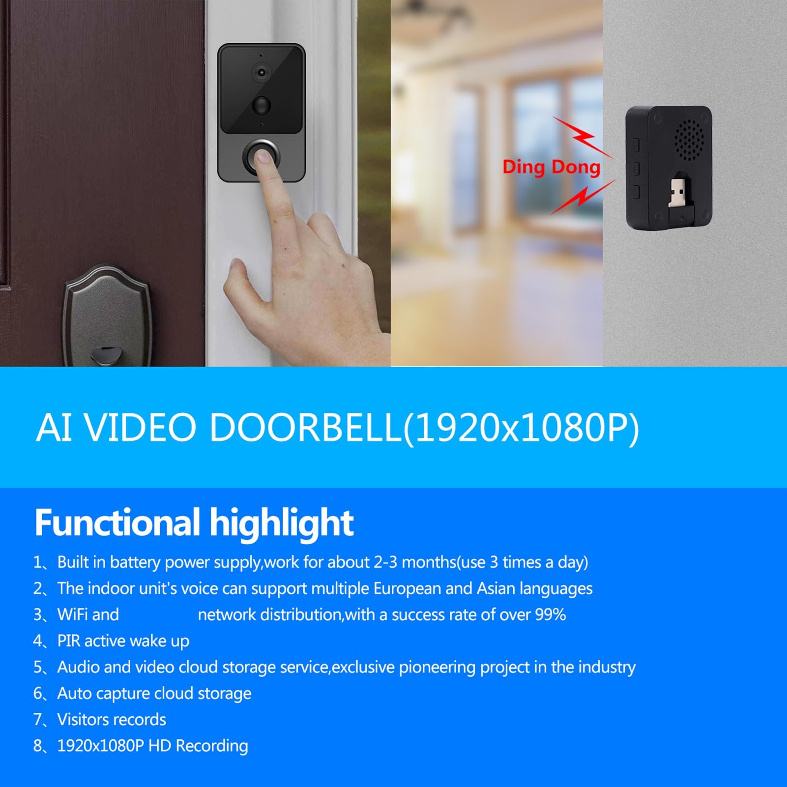 Campanello Video Intelligente Batteria da 2600 MAh 1080p 160 | Telecamera di Sicurezza Domestica, WiFi da 2,4 GHz, Batteria Ricaricabile, Audio Bidirezionale, Immagini 1080p, Custodia in