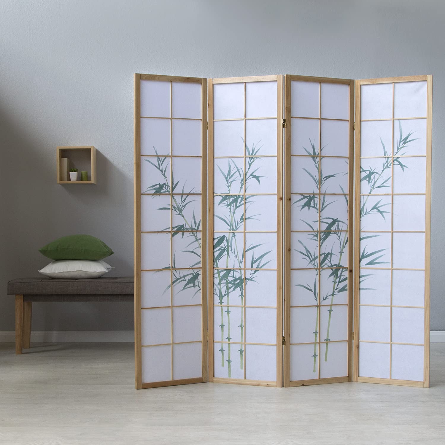 Homestyle4u Paravent Interieur Hauteur 200 cm du Bambou en Brun Clair 4 Panneaux séparateur de pièce décoratif