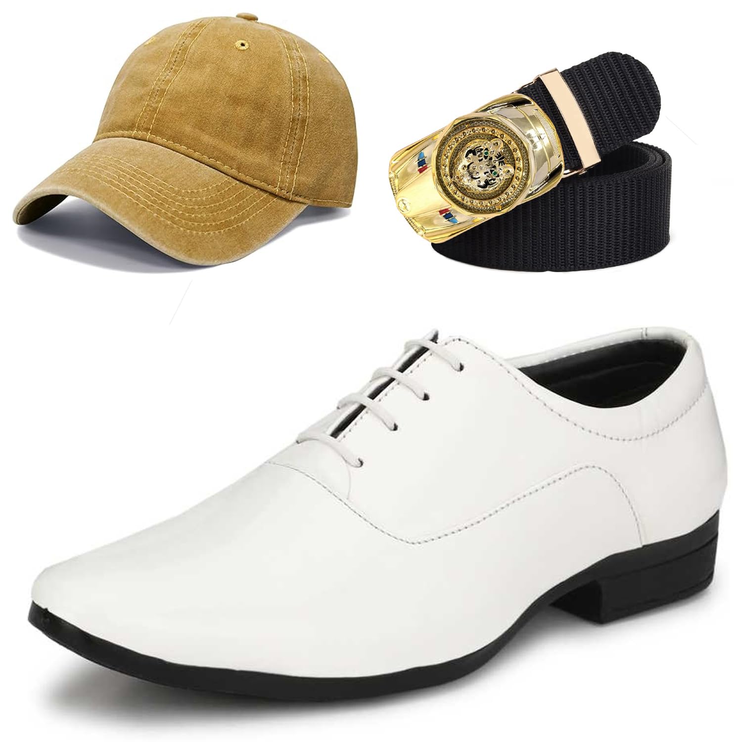 Formal Shoes with Free Base Ball Cap & Free Belt Combo for Men & Boys White-image-19