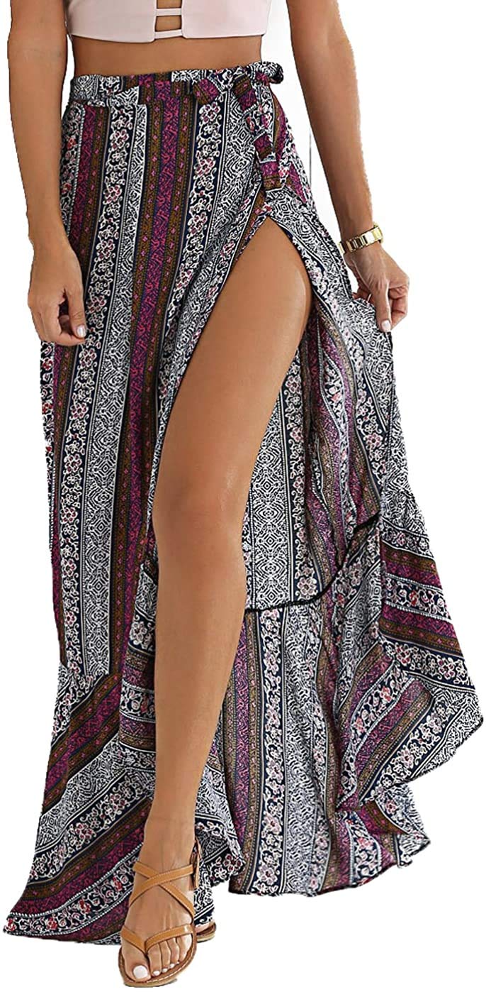 ForeMode Women Boho Print High Waist Side Wrap Bohemian Asymmetric Hem Maxi Long Skirt One Size