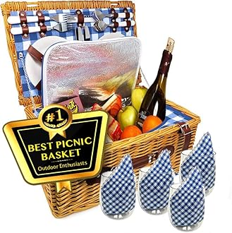 Nature Gear Picnic Basket, Wicker Basket with Handle for Outdoors, Insulated Woven Basket, Includes a Service Kit of Dinnerware & Wine Glasses, Picnic Basket Set for 4, Blue & White