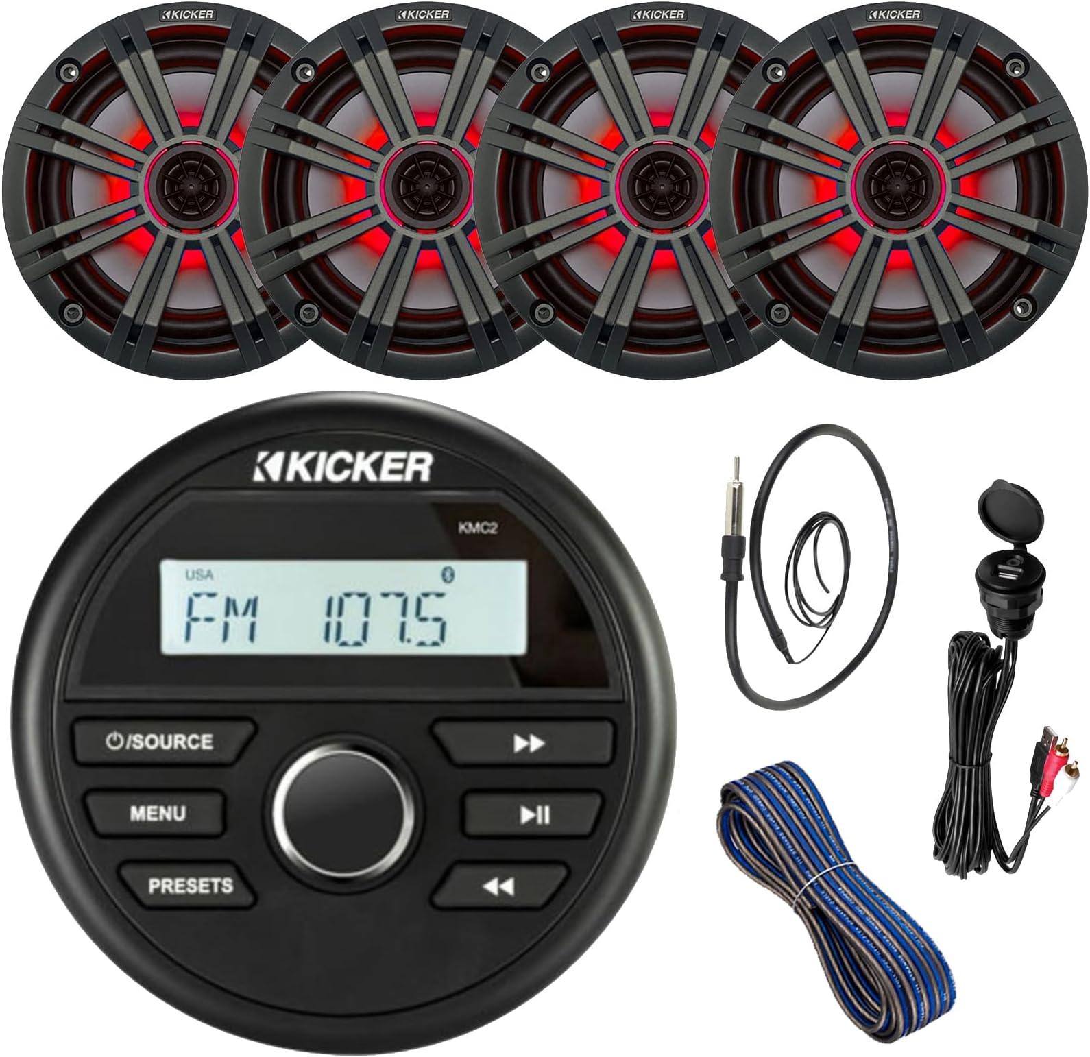 16'-25' Bay Boat Kicker Marine System Includes: Marine Gauge Style USB Media Center Receiver with Bluetooth, 4 x 6.5 OEM Replacement LED Speakers, USB/AUX Interface, Speaker Wire, Antenna