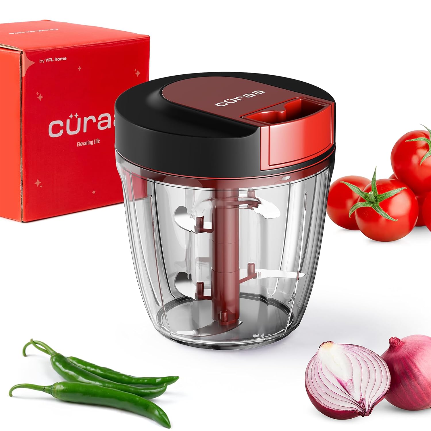 Cüraa by YFL home ChopLab Lite Manual Chopper | 900 ml Portable Vegetable Chopper| Mini Chopper for Kitchen with Stainless Steel Blades for Chopping Onion, Ginger, Garlic, Vegetables, Herbs, Nuts |Red