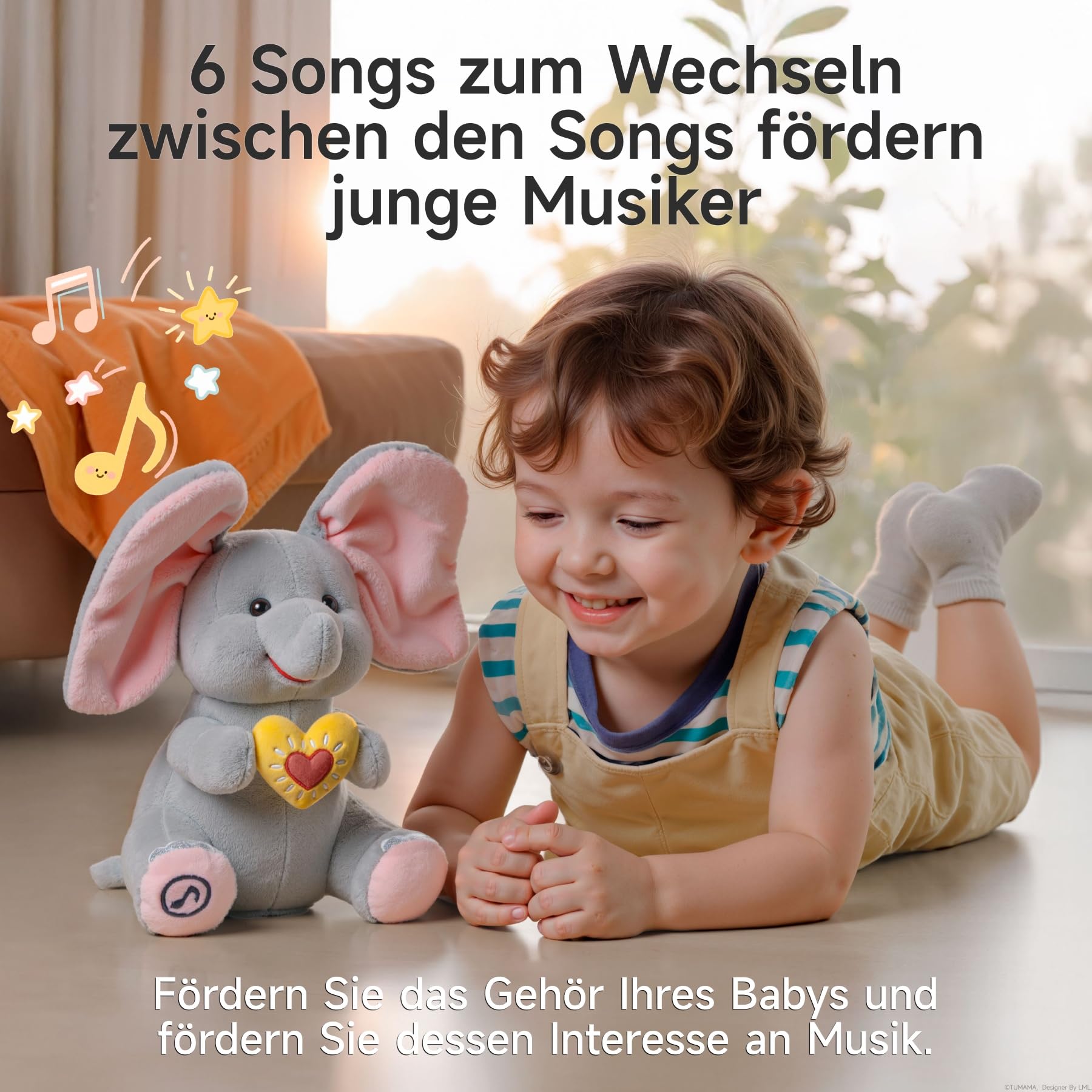 Singender Elefant Kuscheltier spielt Guck, Schlummer Kuscheltier mit Flatterohren für Kinder