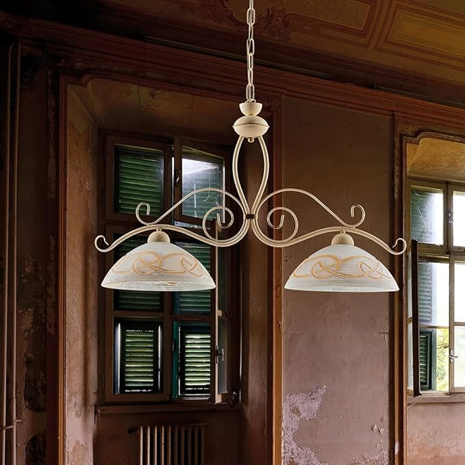 URSO Klassieke Eetkamerlamp Verlichting, Keuken, Smeedijzer, Ivoor, Shabby-Chic, Ophanging, 2 Lampen Bon-34 photo 2