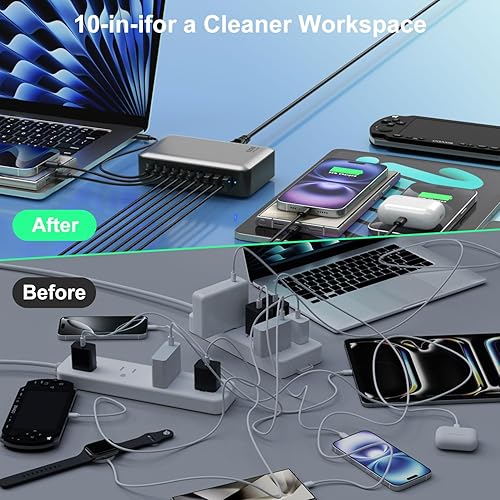 Miniatura 7 de Bloque de carga rápida USB C, estación de carga USB de 540 W, cargador PD de 100 W, bloque de carga GaN, concentrador de carga múltiple de 10