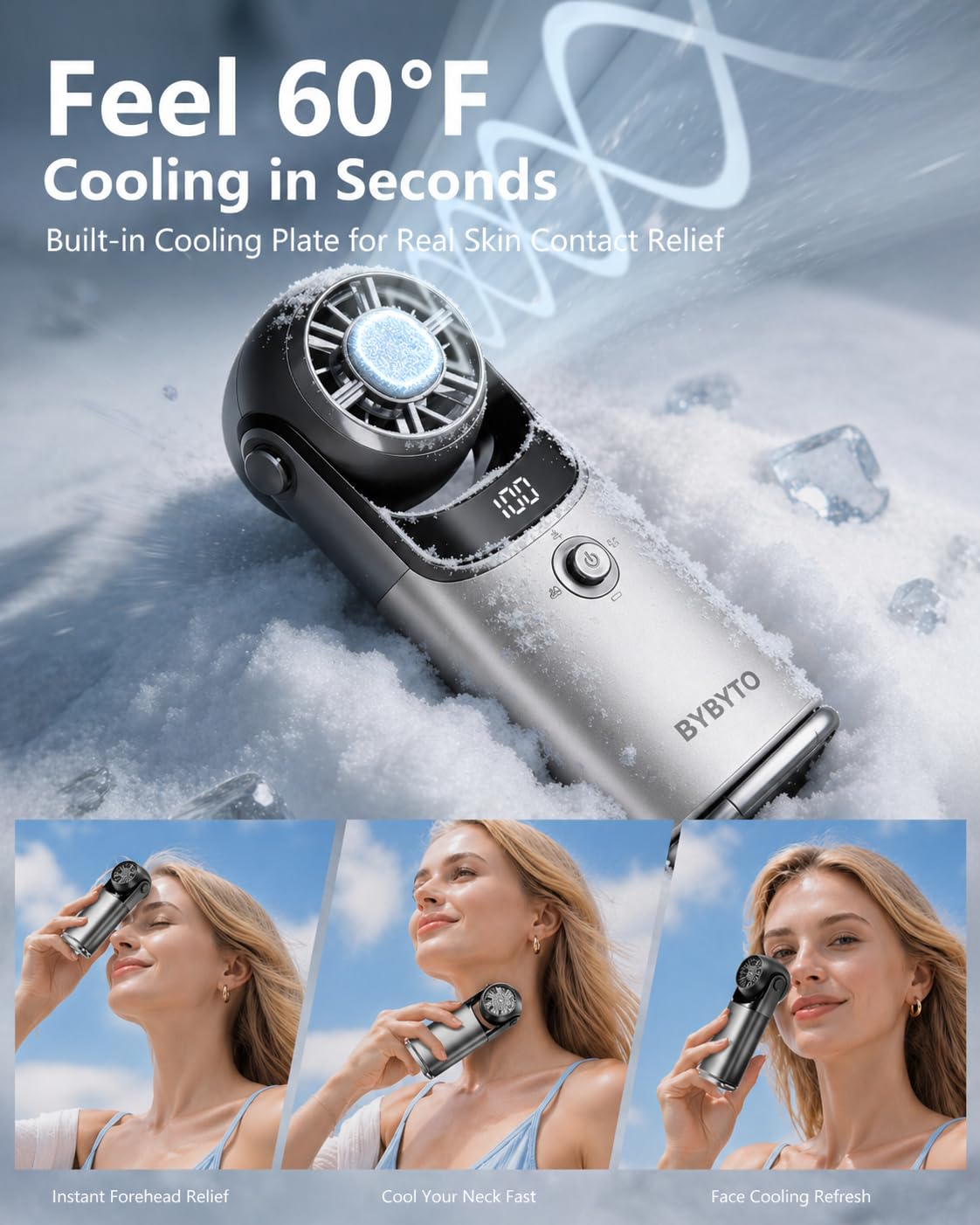 Mini ventilateur portable avec plaque de refroidissement, corps en alliage d'aluminium, ventilateur portable de poche, ventilateur personnel avec 100 vitesses, affichage numérique, tête réglable pour