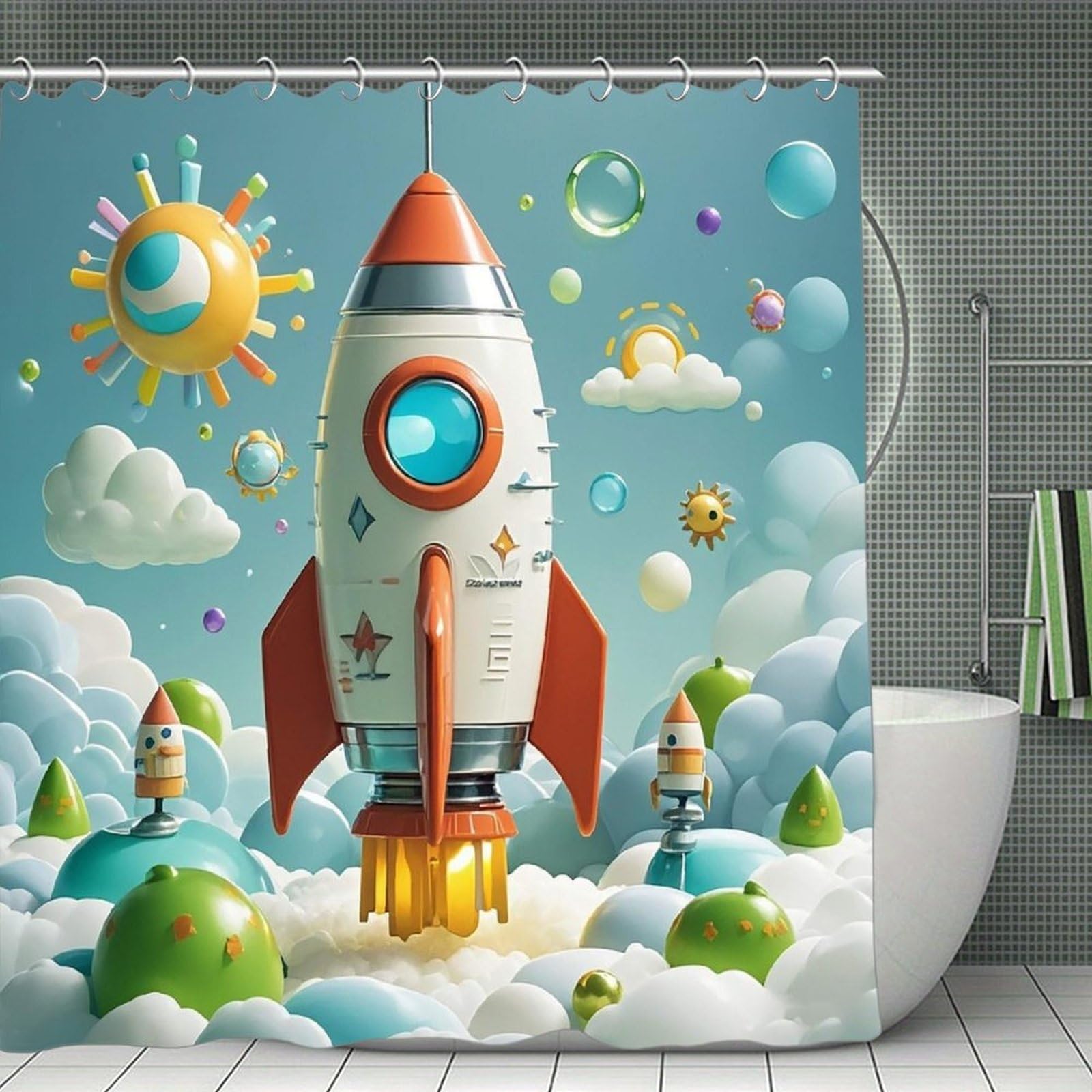 FekiLoot Cartoon Rockets Shower Curtain with Hooks Modern Farmhouse Bathroom Curtain Waterproof Cloth Bath Curtains Cute Washable Blackout Privacy Curtains for Bathroom Bathtub 70.8"x70.8"