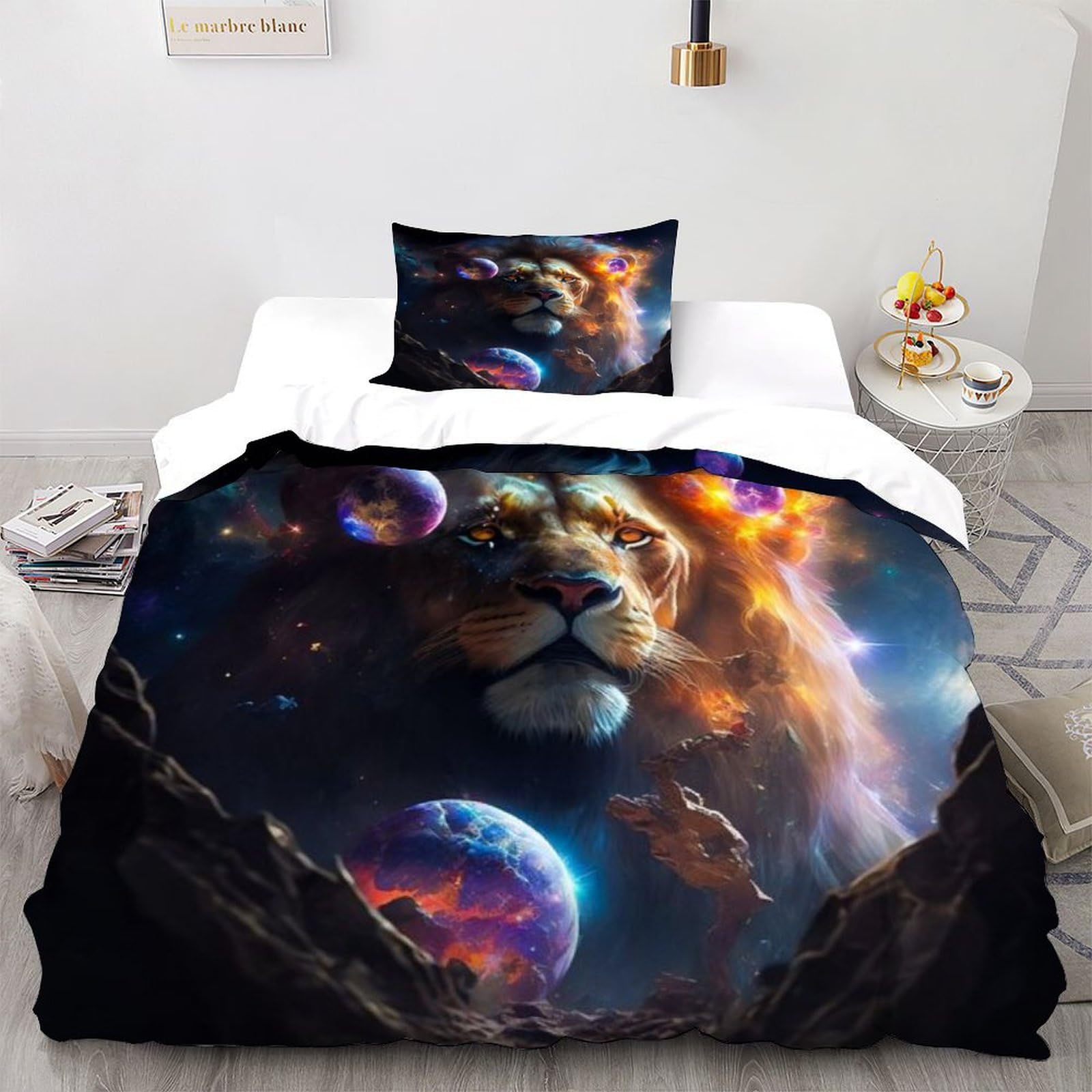 Housse de couette lion 135x200 cm avec sa taie d'oreiller pour lit single