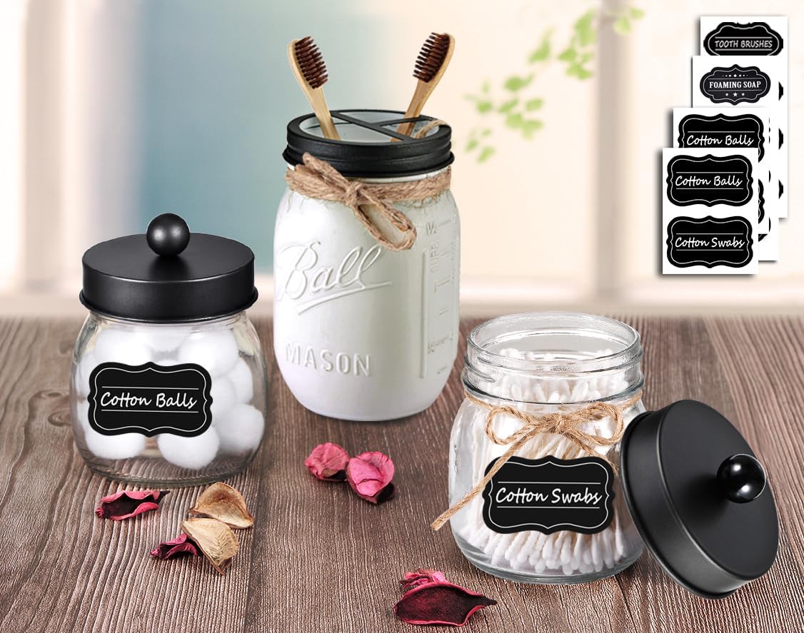 Mason Jar Bathroom Accessories Set(4pcs)-Jars Not Included - Foaming Soap Dispenser and Apothecary Jars Lids for Regular Mouth jar, Wide Mouth Toothbrush Holder lid, Farmhouse Decor-Black