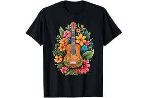 Vibrant Ukulele Player T-Shirt Embroidered with Tropical Hawaiian Flowers