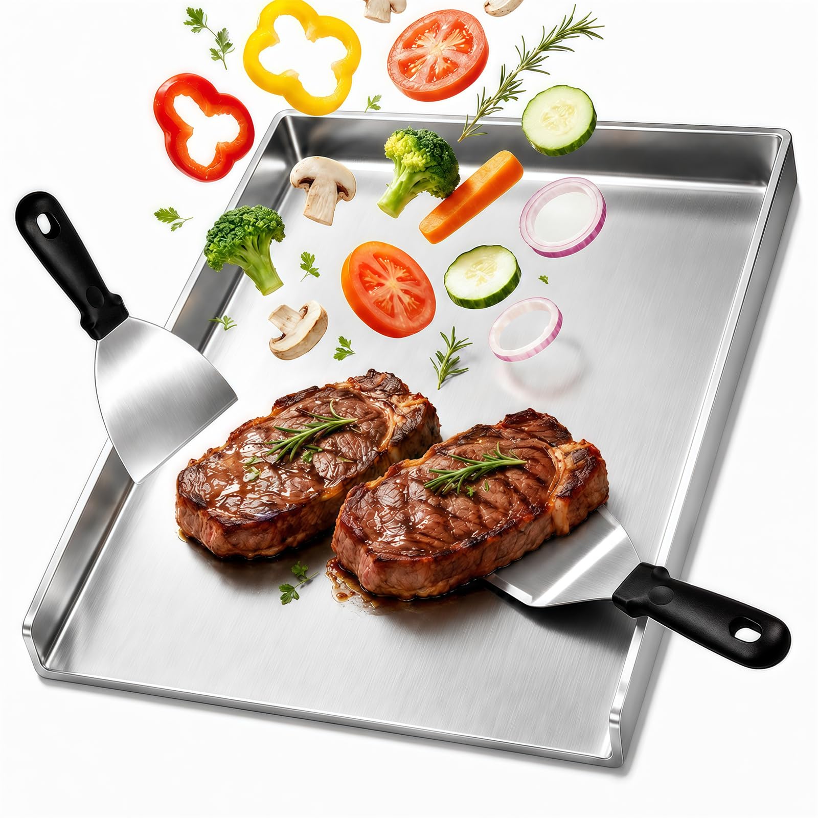 Nifogo Edelstahl Plancha Grillplatte 40 x 30 cm (2mm) mit 2 Grillspachtel