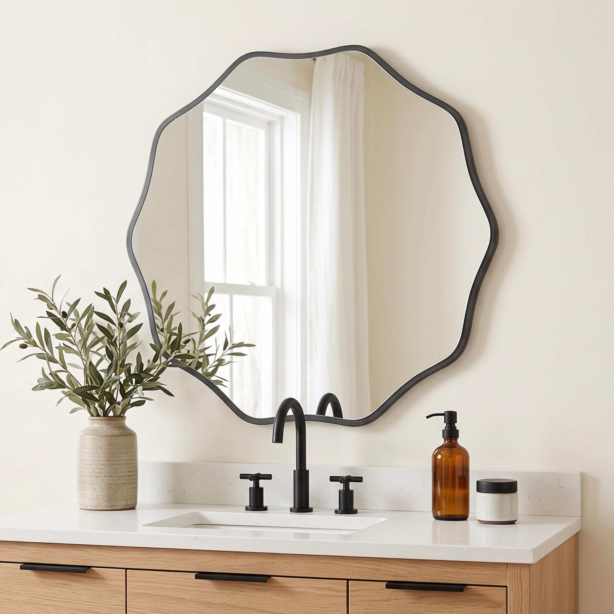 Perfnique Black Round Wavy Wall Mirror, 60 Cm Wood Framed Mirror For Bathroom Nursery Bedroom Living Room Entryway, Decorative Modern Wall Decor (, 60Cm)