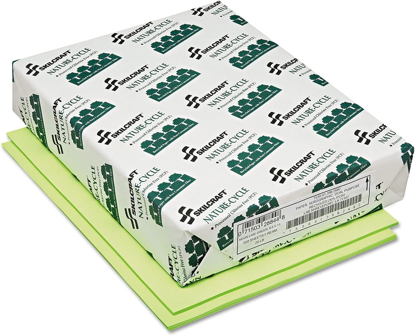 7530013982682 SKILCRAFT Neon Colored Copy Paper, 20lb, 8.5 x 11, Neon Green, 500/Ream