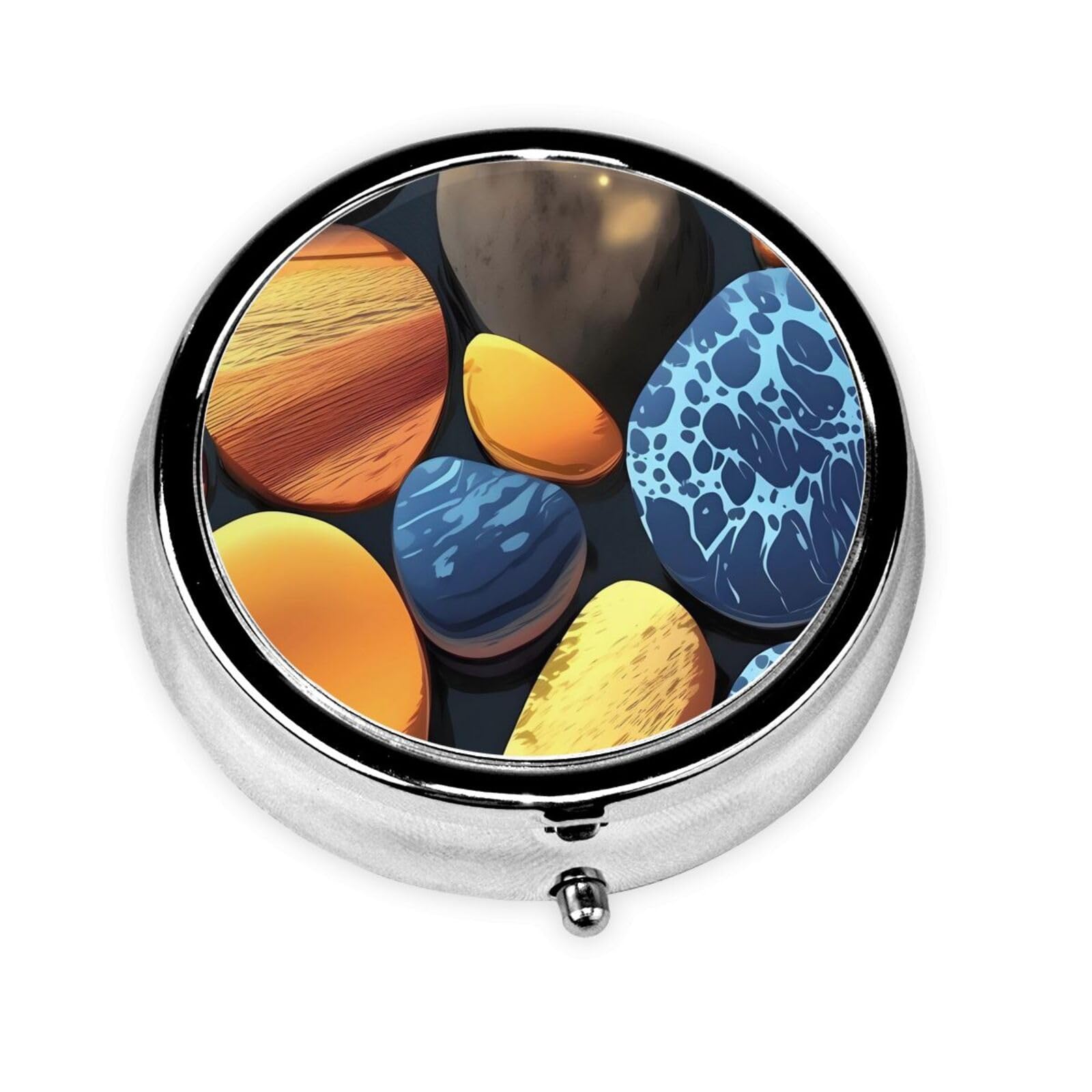 Cute 3-Compartments Round Pill Box Yellow Pebbles Small Pill Case Portable Medicine Dispenser,for Pocket Purse